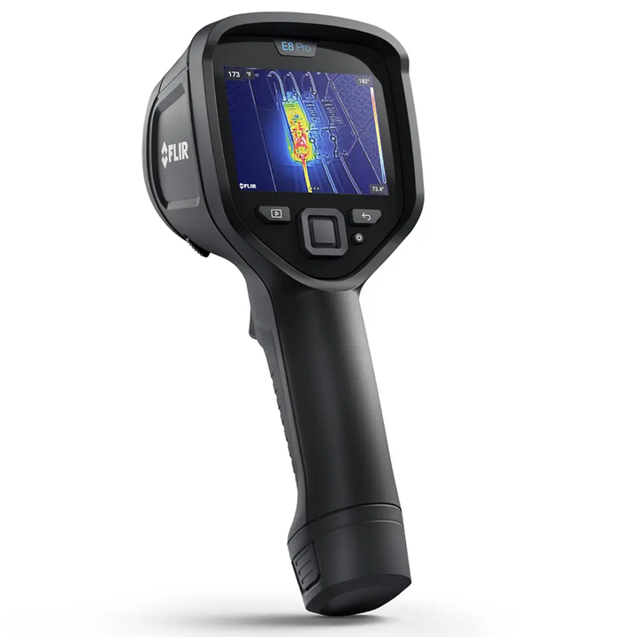 Teledyne FLIR E8 Pro thermal camera, angled view showing the thermal display screen