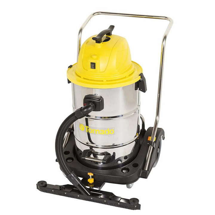 Tornado TaskForce 20 wet/dry canister vacuum, front angle view with yellow lid