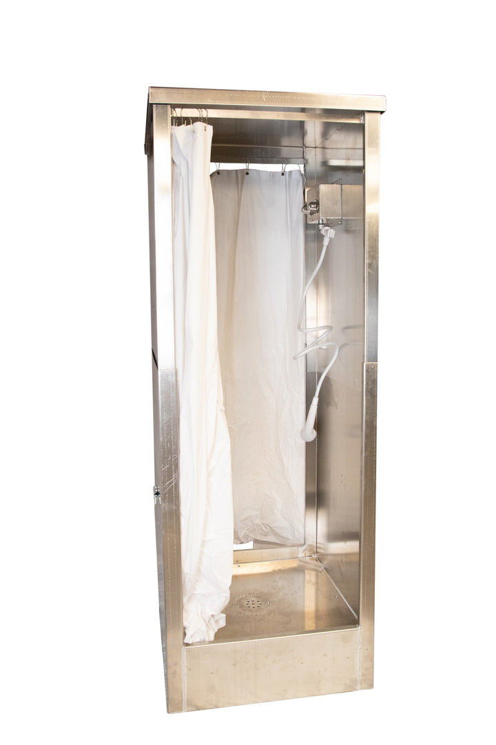 Aerospace America 9105 portable decontamination shower extended to working height with curtain