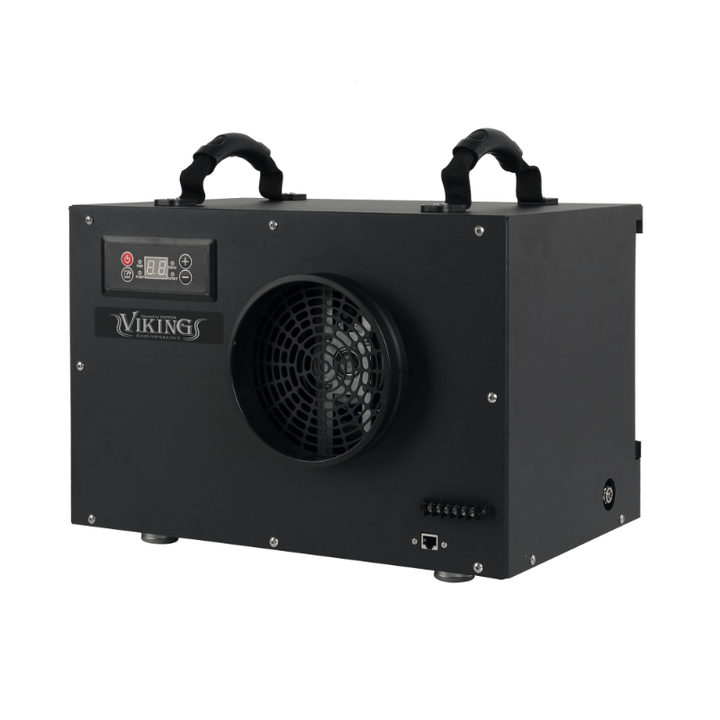 XPOWER Viking BD-65 dehumidifier, three-quarter view of the black housing with carry handles