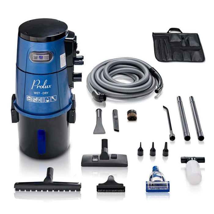 Blue Prolux Wet Dry Garage Vacuum vacuum unit and accessories.