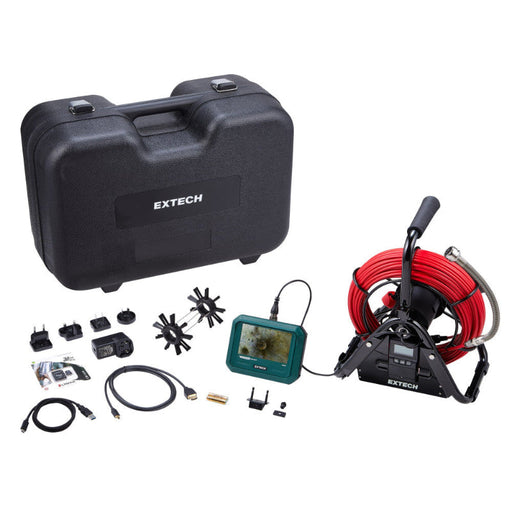 Extech HDV750 Videoscope Plumbing Kit top view case monitor red cable attachments.