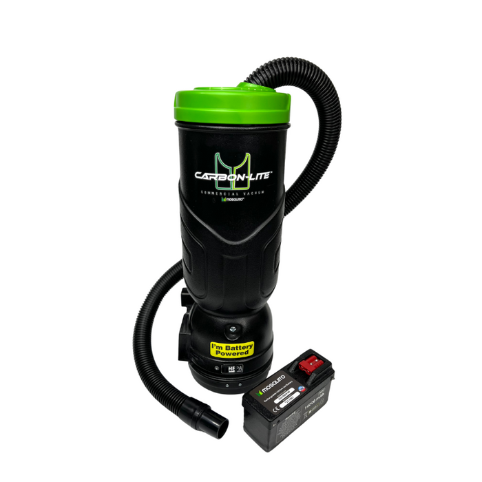 Mosquito 10 Quart Pulse Power Battery Backpack upright battery powered vacuum with green top and carbon lite branding.