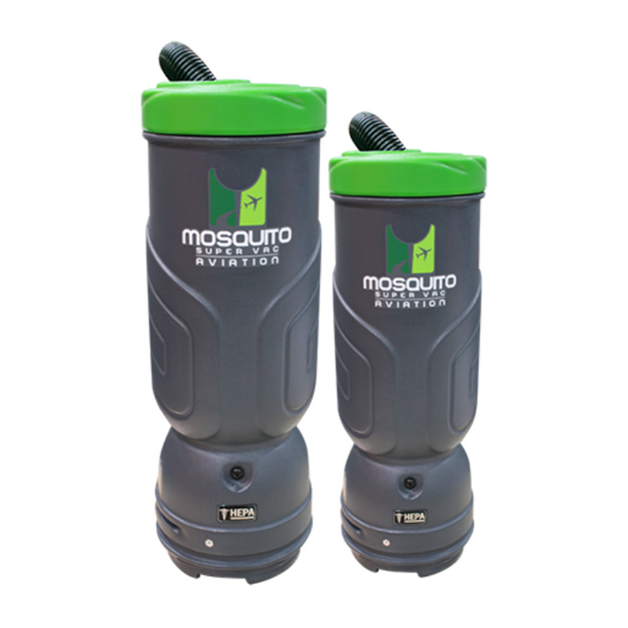 Mosquito Backpack Vacuum HEPA Aviation pair of hepa backpack vacuums with green top and logo.