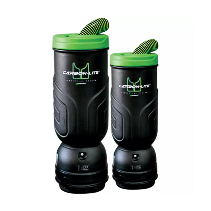 Mosquito Carbon Lite HEPA Backpack Vacuum dual units with green lids.