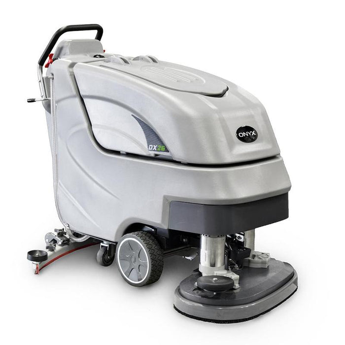 Onyx 26 Inch Dual Brush Automatic Floor Scrubber DX26T angled view showing brush and front.