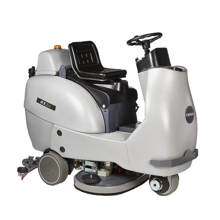 Onyx 34 Riding Dual Brush Automatic Floor Scrubber RX34 angled view left side.