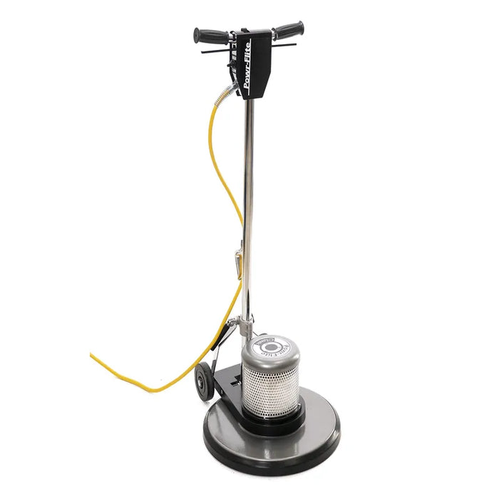 Powr-Flite 20 Inch All Metal Dual Speed Floor Machine angled view left with yellow cord.
