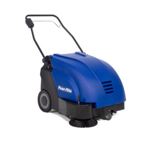 Powr-Flite 26 Inch Quasar Battery Powered Wide Area Sweeper Vacuum side view blue cover.