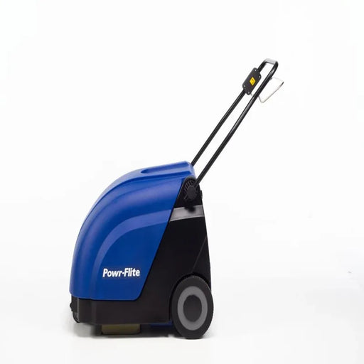 Powr-Flite 26 Quasar Battery Powered Wide Area Sweeper Vacuum side view blue battery powered sweeper vacuum with black wheels and handlebar.