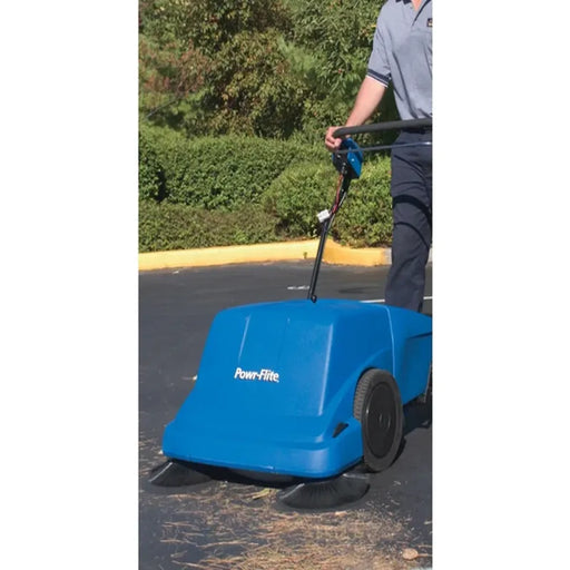 Powr-Flite 36 Battery Powered Self Propelled Sweeper in use outdoor.