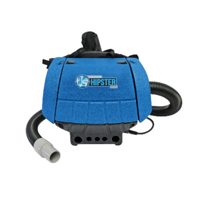 Sandia HEPA Hipster 6 Quart Hip Vacuum with 5 pc standard tool kit blue vacuum side view.