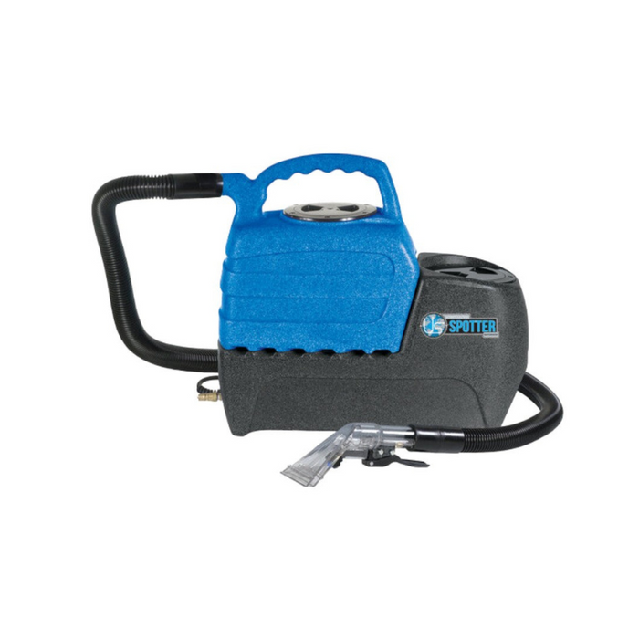 Sandia Spot Extractor 2 Gallon Kit angled view of blue spot extractor with clear hose tool attachment.