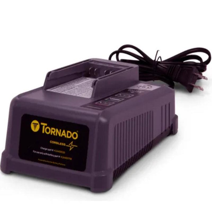 Tornado 36V Quick Charger detailed angle purple body black label yellow logo power cord.