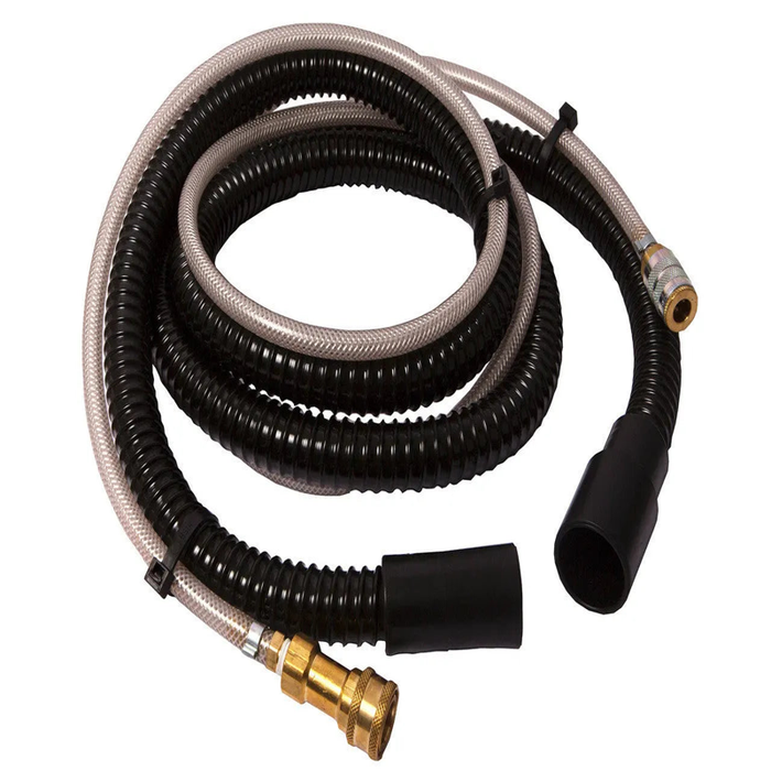 Tornado 95560 8 Vacuum Pressure Hose coiled view black and clear hose brass connector.