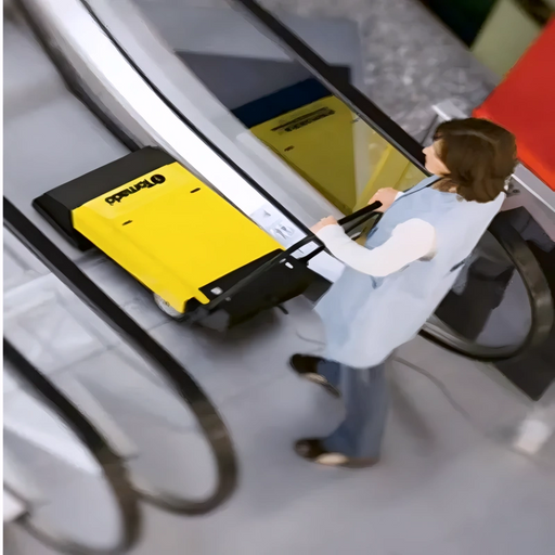 Tornado BR460 Escalator Cleaner in use escalator cleaning woman pushing machine yellow black.