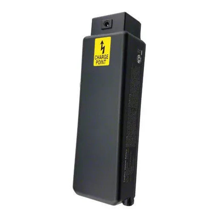 Tornado Battery For Roam CK LW 13 1 Vac C223 1800C T angled side view black battery yellow charge point label.