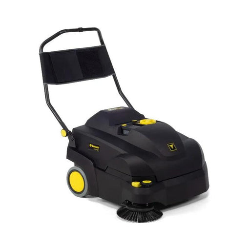 Tornado Tempest Wide Area Carpet Sweeper Vac front angle black body yellow wheels handle.
