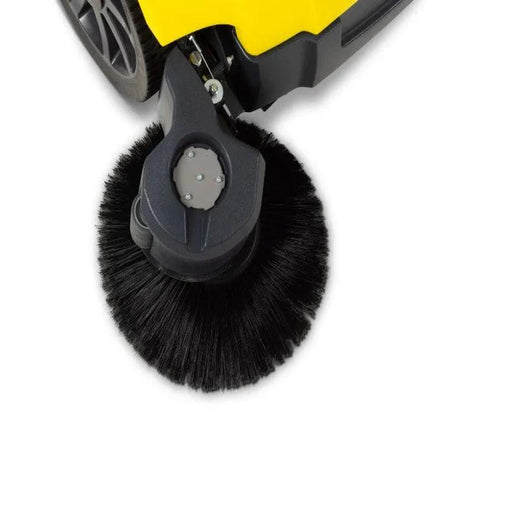 Tornado Torrent 43 Walk Behind Battery Sweeper brush closeup black sweeping brush yellow body.