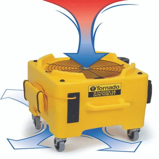 Tornado Windshear Downdraft airflow diagram front view blue red arrows yellow housing.