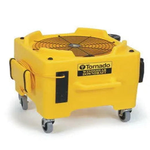 Tornado Windshear Downdraft front view yellow housing black grill logo panel cord storage.