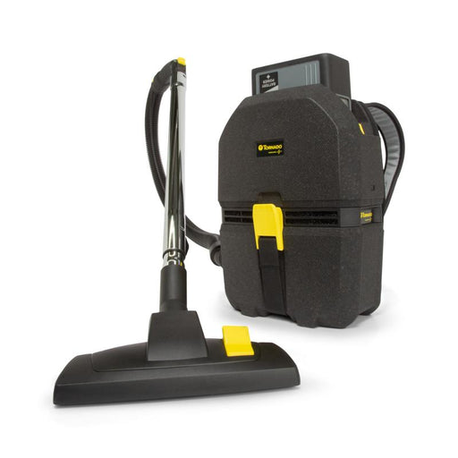 Tornado Zephyr Cordless Backpack Vacuum front view with hose and floor head black and yellow.