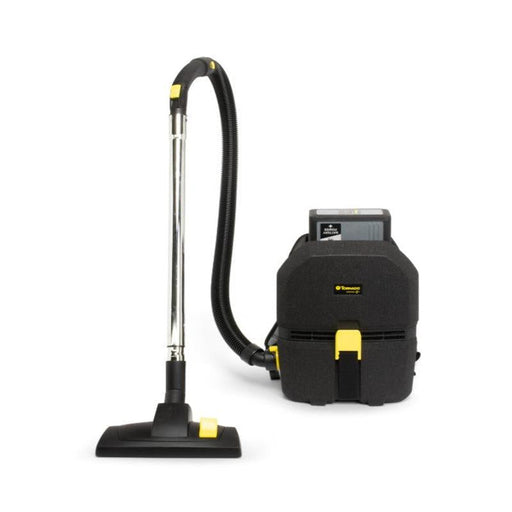Tornado Zephyr Cordless Backpack Vacuum front view with hose and telescopic wand black and yellow.