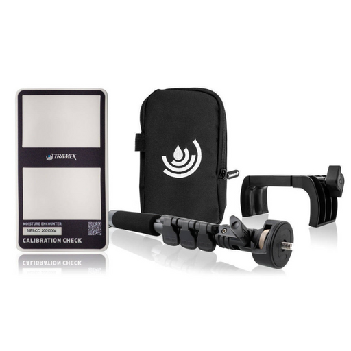 Tramex ACCESSORY PACK FOR ME5 AND MEX5 - AP-ME A detailed image of the Tramex accessory pack, showcasing the E5 HBS extension handle, Calbox for ME5, and a holster, arranged neatly on a surface.