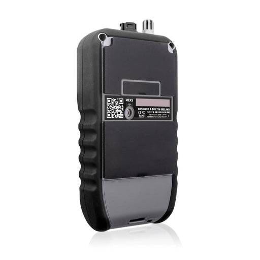 Tramex MEX5 - Moisture Encounter MEX5, a close-up view of the MEX5 moisture meter showing its back side and angle. The device features a sleek design with a digital display and various controls.