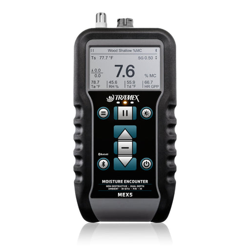 Tramex MEX5 - Moisture Encounter MEX5: Image of the Tramex MEX5 moisture meter displaying a sleek design, with a digital readout and sensor probe, designed for detecting moisture levels in various materials, showcasing multiple integrated functions and a robust build suitable for professional use.