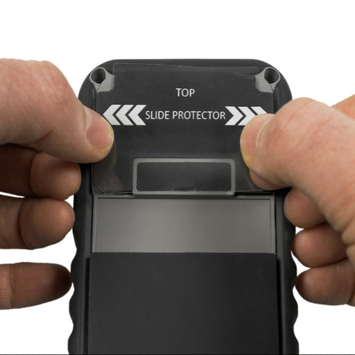 Tramex Moisture Encounter Slide Protectors - MESP A close-up image showing a Tramex Moisture Encounter slide protector being applied to a moisture meter, highlighting the device's sleek design and functionality.