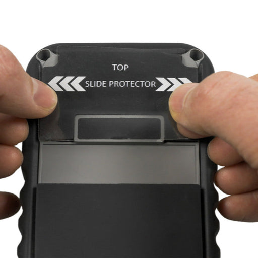 Tramex Accessory Pack for Skipper 5 - AP-SMM5 Image showing the application of a slide protector top to the ME5 meter, illustrating the protective accessory being affixed for enhanced functionality.