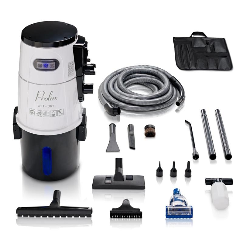 Prolux Wet/Dry Garage Vacuum with hose, wand and detailing tools laid out beside the unit