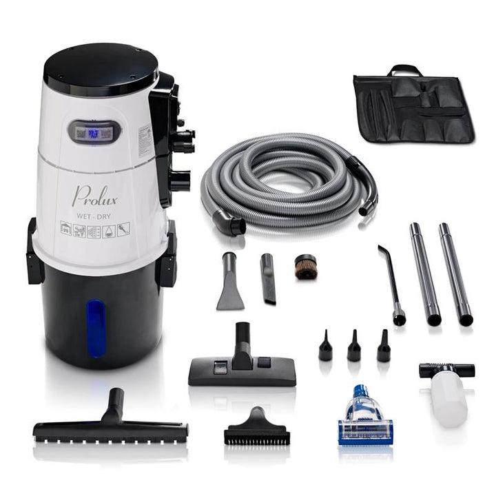 Prolux Wet/Dry Garage Vacuum with hose, wand and detailing tools laid out beside the unit