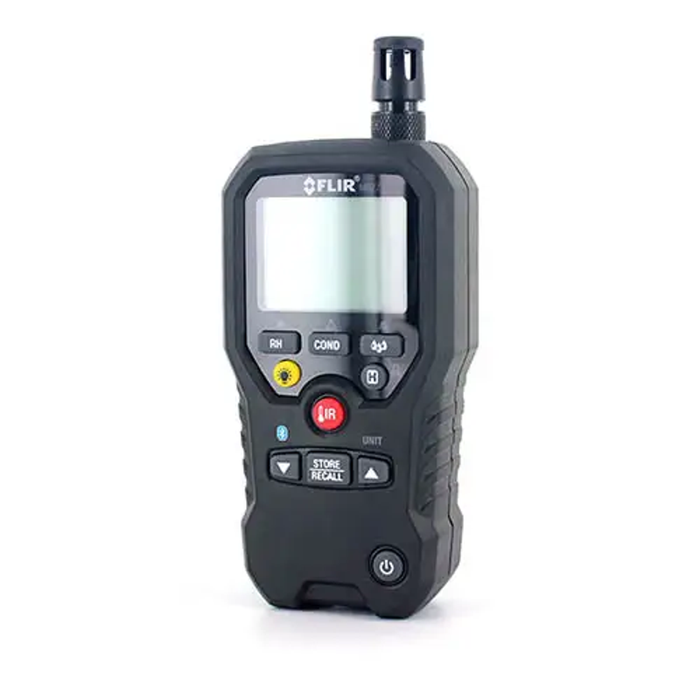 Teledyne FLIR MR77 5 In 1 Moisture Meter angled left view black case empty screen.