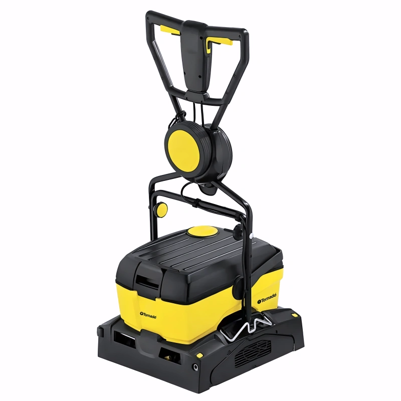 Tornado BR 16 3 Compact Floor Scrubber front angle black yellow handle and water tank.