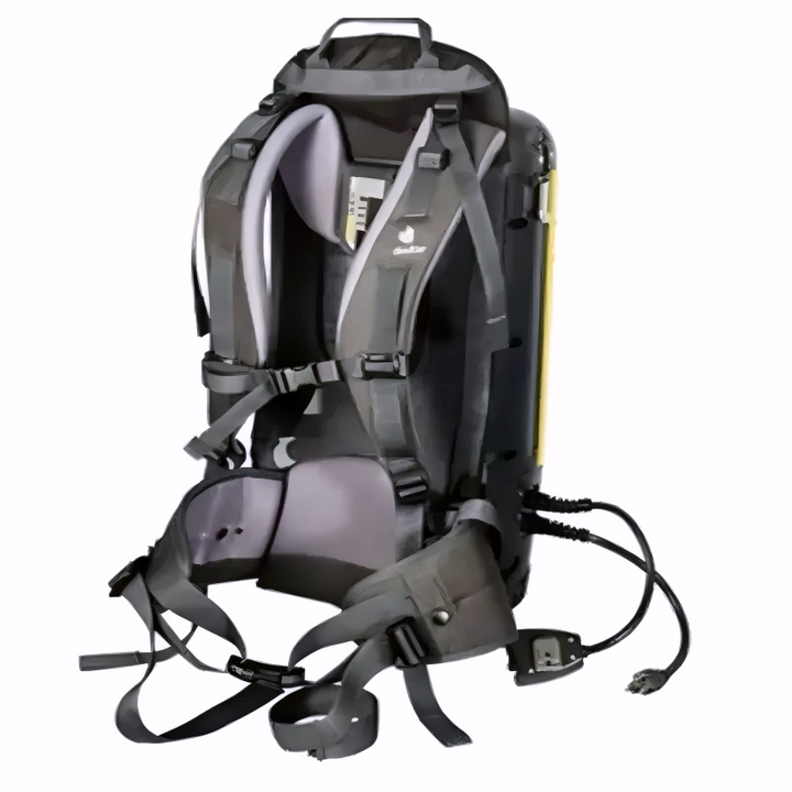 Tornado Pac-Vac 10 AirComfort backpack vacuum, rear view showing harness straps and power cord