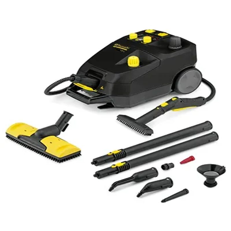 Tornado VS4 Chemical Free Steam Cleaner side view with mop attachment black body yellow controls.