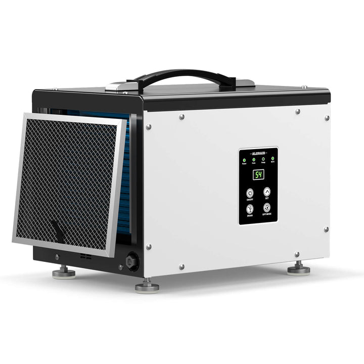 AlorAir Sentinel HD35P dehumidifier, front three-quarter view with its MERV-1 filter sliding out
