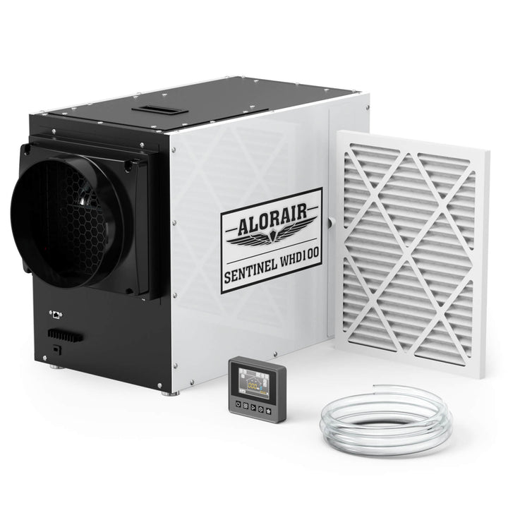 AlorAir Sentinel WHD100 whole-house dehumidifier with its filter, wired controller and coiled drain hose