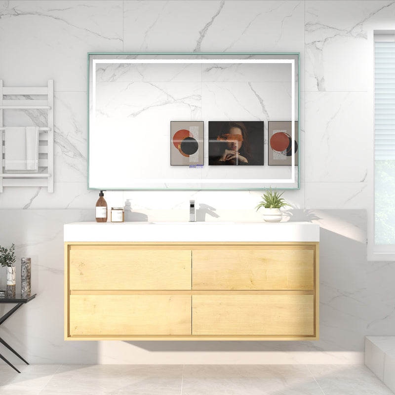 Saggia 60" Wall-Mounted Floating Bathroom Vanity with Reinforced Acrylic Double Sink in Light Oak | Better Vanity Modern Luxury Bathroom Vanities