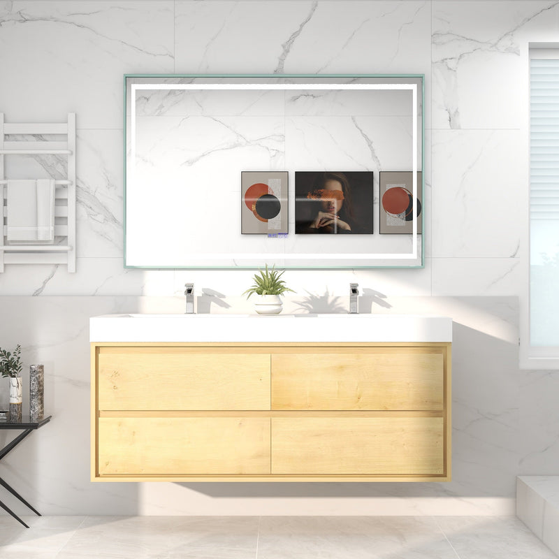 Saggia 60" Wall-Mounted Floating Bathroom Vanity with Reinforced Acrylic Double Sink in Light Oak | Better Vanity Modern Luxury Bathroom Vanities