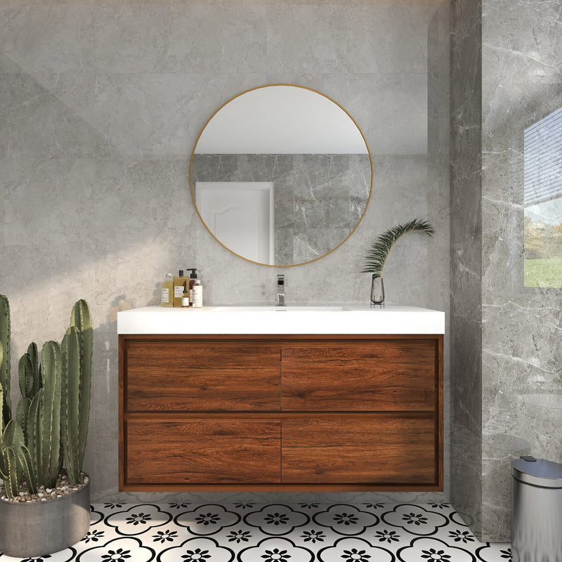 Saggia 48" Wall-Mounted Floating Bathroom Vanity with Reinforced Acrylic Sink in Rosewood | Better Vanity Modern Luxury Bathroom Vanities