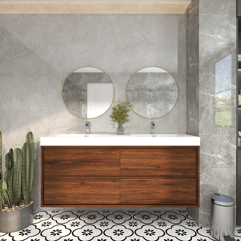 Saggia 60" Wall-Mounted Floating Bathroom Vanity with Reinforced Acrylic Double Sink in Rosewood | Better Vanity Modern Luxury Bathroom Vanities