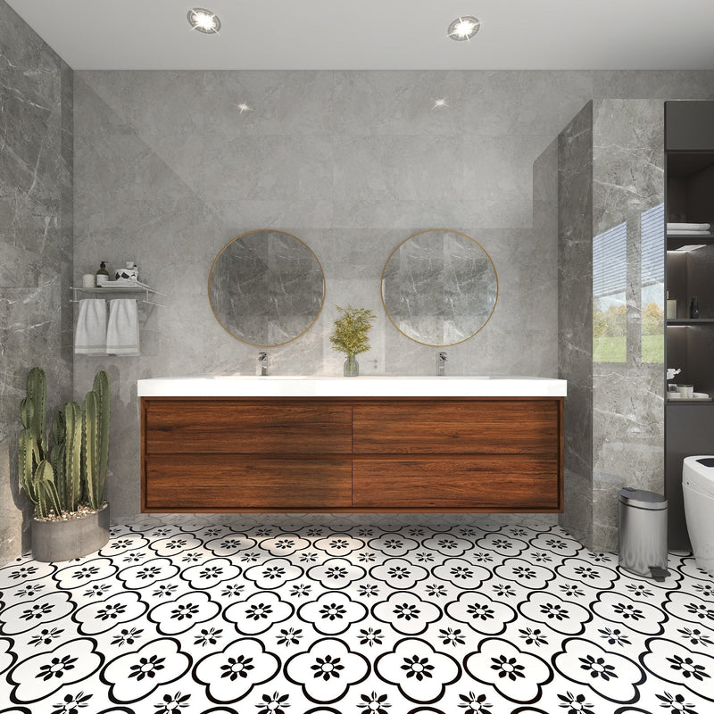 Saggia 84" Wall-Mounted Floating Bathroom Vanity with Reinforced Acrylic Double Sink in Rosewood | Better Vanity Modern Luxury Bathroom Vanities