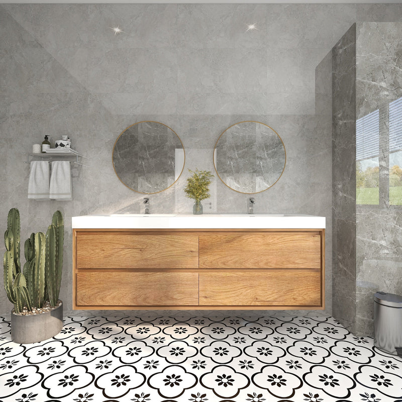 Saggia 72" Wall-Mounted Floating Bathroom Vanity with Reinforced Acrylic Double Sink in Teak Oak | Better Vanity Modern Luxury Bathroom Vanities