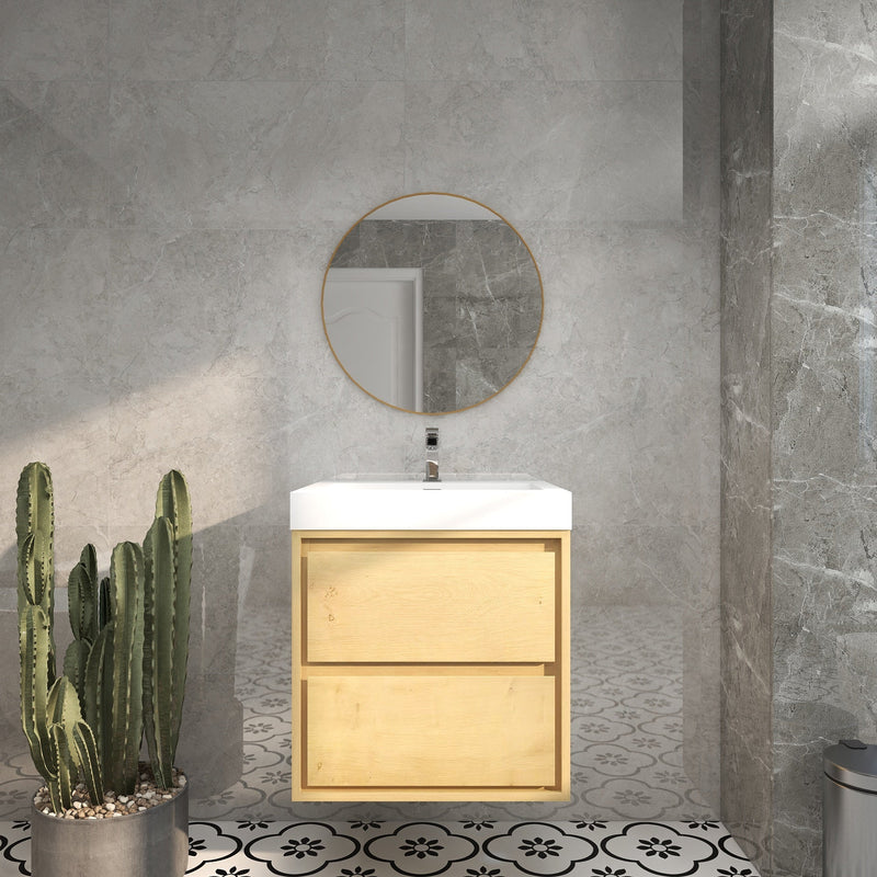 Saggia 24" Wall-Mounted Floating Bathroom Vanity with Reinforced Acrylic Sink in Light Oak | Better Vanity Modern Luxury Bathroom Vanities