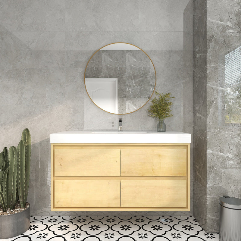 Saggia 48" Wall-Mounted Floating Bathroom Vanity with Reinforced Acrylic Sink in Light Oak | Better Vanity Modern Luxury Bathroom Vanities
