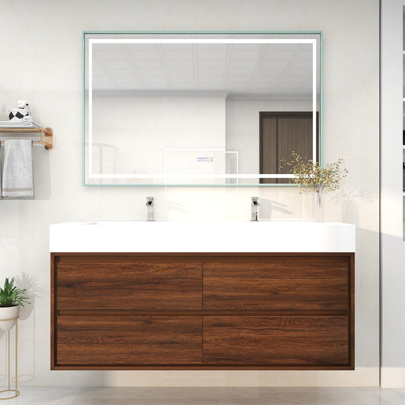 Saggia 60" Wall-Mounted Floating Bathroom Vanity with Reinforced Acrylic Double Sink in Rosewood | Better Vanity Modern Luxury Bathroom Vanities