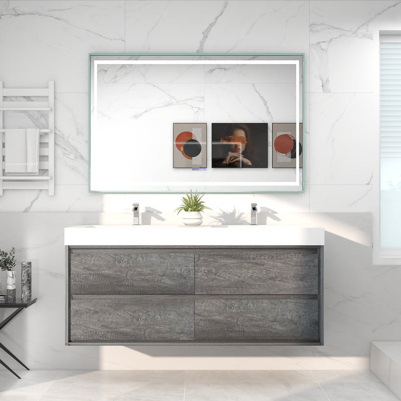Saggia 60" Wall-Mounted Floating Bathroom Vanity with Reinforced Acrylic Double Sink in Smoke Oak | Better Vanity Modern Luxury Bathroom Vanities